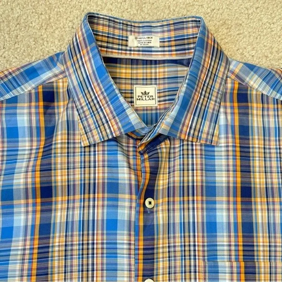Peter Millar Men’s Shirt Blue Brown Plaid Cotton Button Up Long Sleeves Size XL - Picture 2 of 7